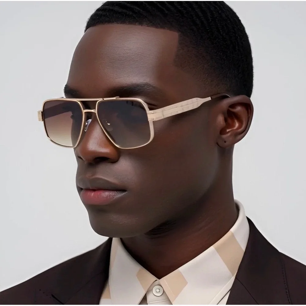 Mens Square Aviator Sunglasses Gold Metal Frame Brown  Lens Double Bridge Hiphop
